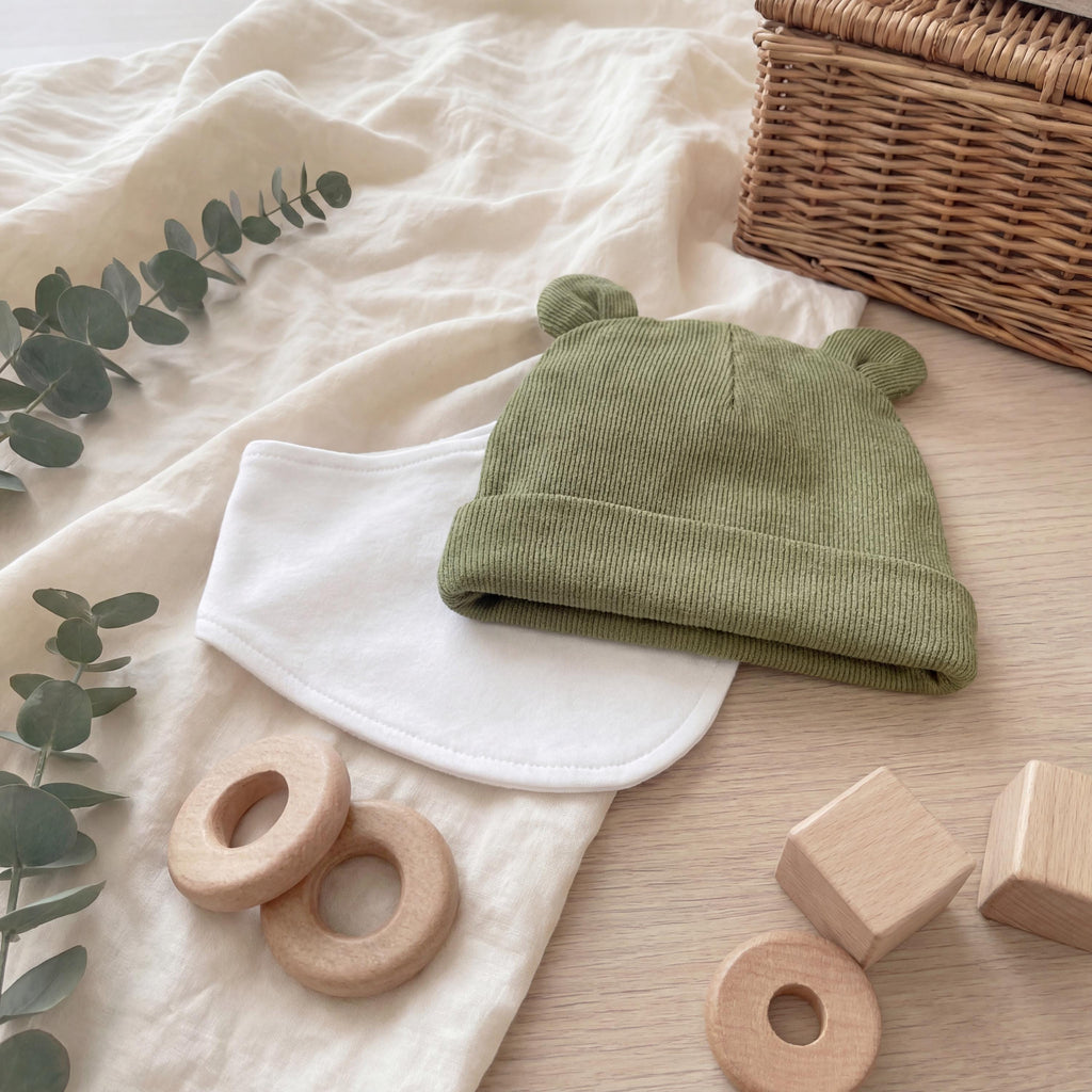 Personalized Organic Baby Gift Set, Embroidered Bib & Hat with box