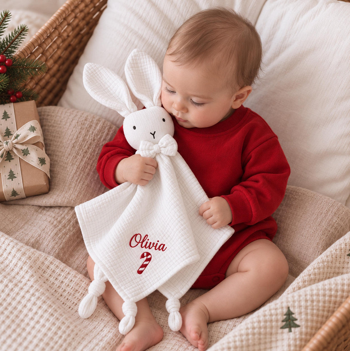 Personalized Christmas Bunny Lovey, Organic Cotton Baby Comforter, Custom Name Embroidered Baby Christmas Gift