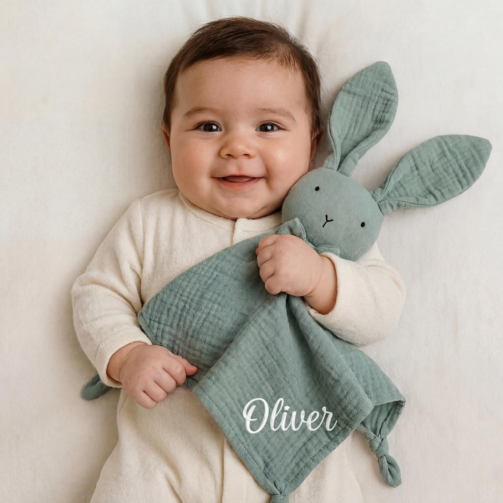 Embroidered Organic Cotton Bunny Lovey, Personalized Baby Gift, Bunny Toy