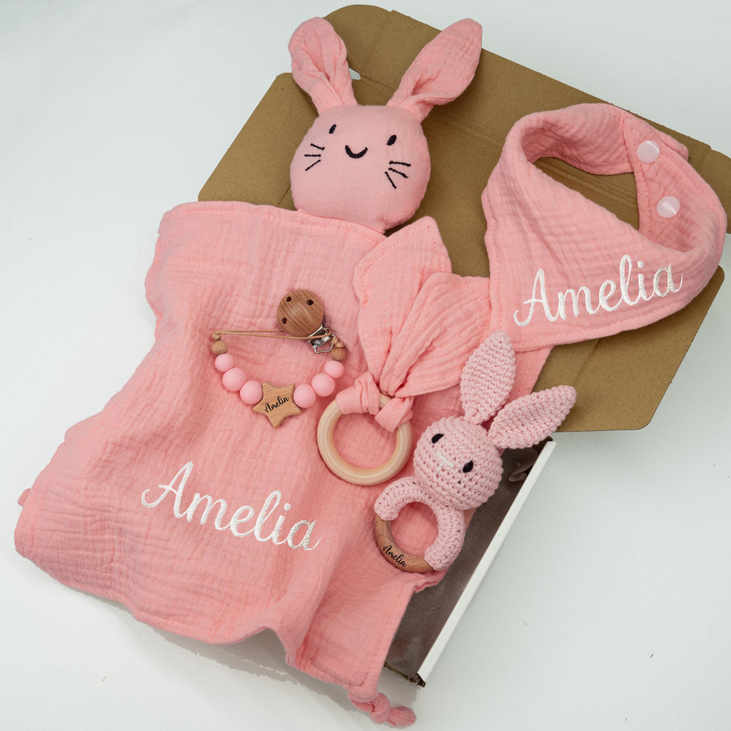 Personalized Bunny Lovey Gift Set – Embroidered Muslin, Pacifier Clip & Bunny Crochet Toy