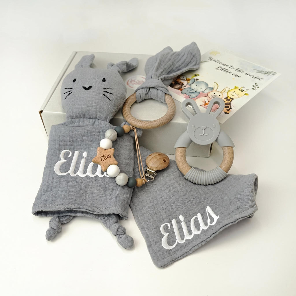 Personalized Bunny Lovey Gift Set – Embroidered Name, Pacifier Clip & Silicone Toy
