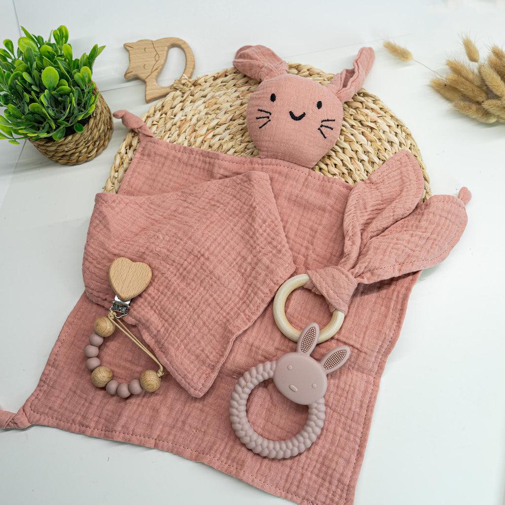 Personalized Bunny Lovey Gift Set – Embroidered Muslin, Pacifier Clip & Toy