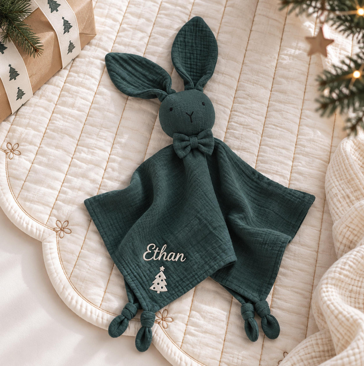 Personalized Christmas Bunny Lovey, Organic Cotton Baby Comforter, Custom Name Embroidered Baby Christmas Gift