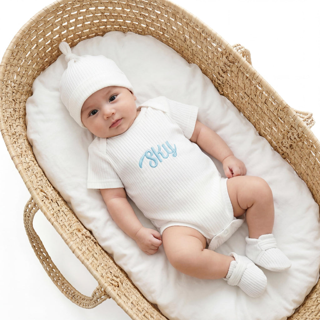 Personalized Organic Cotton Baby Gift Set, Embroidered Bodysuit, Hat, Lovey