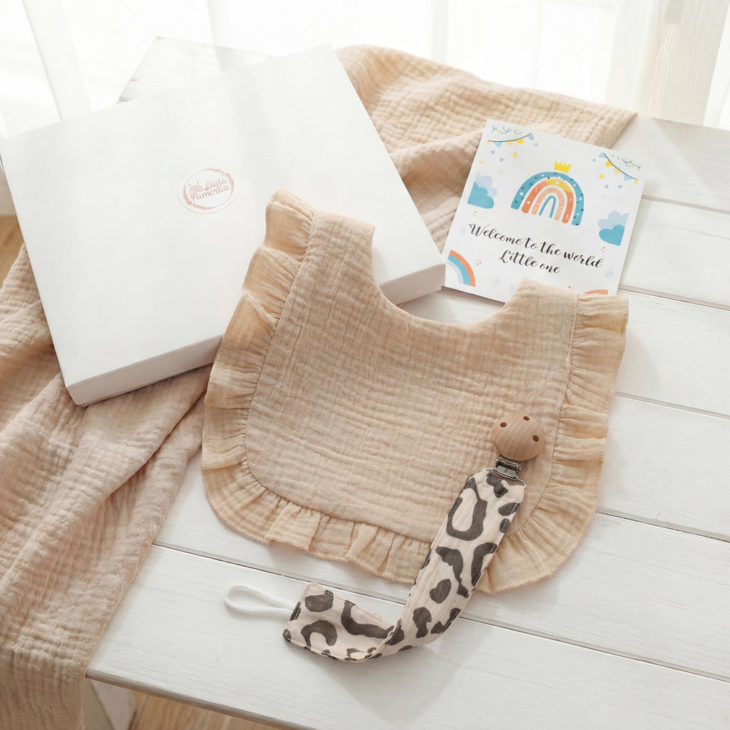 Personalized Muslin Baby Gift Set, Embroidered Bib & Pacifier Clip