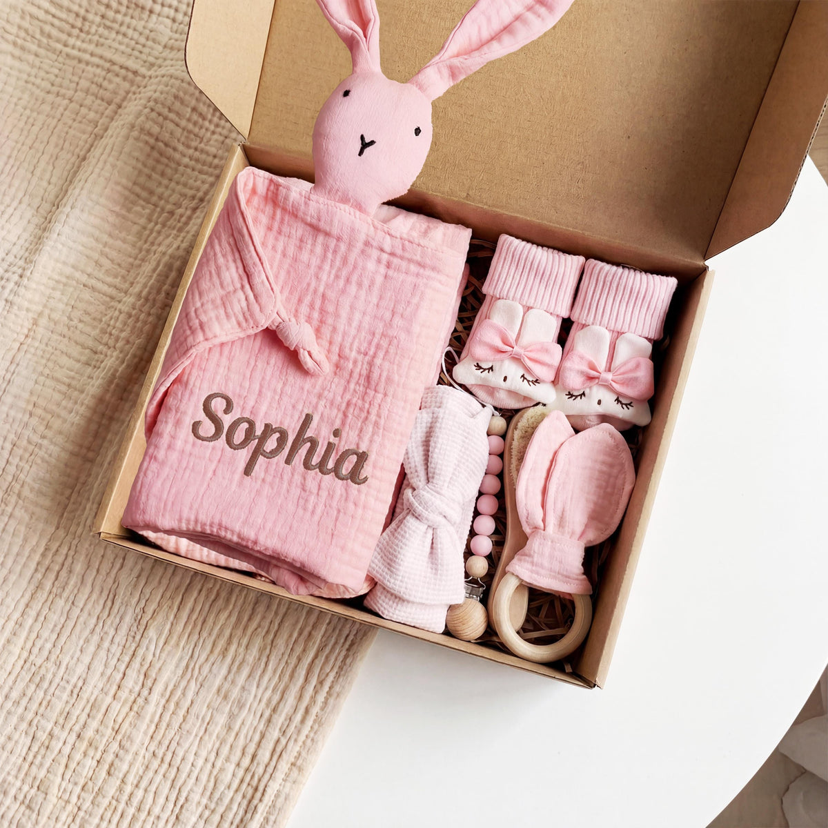 Personalized Bunny Lovey Gift Set: Embroidered Muslin, Pacifier Clip & Toy, Pink Bunny