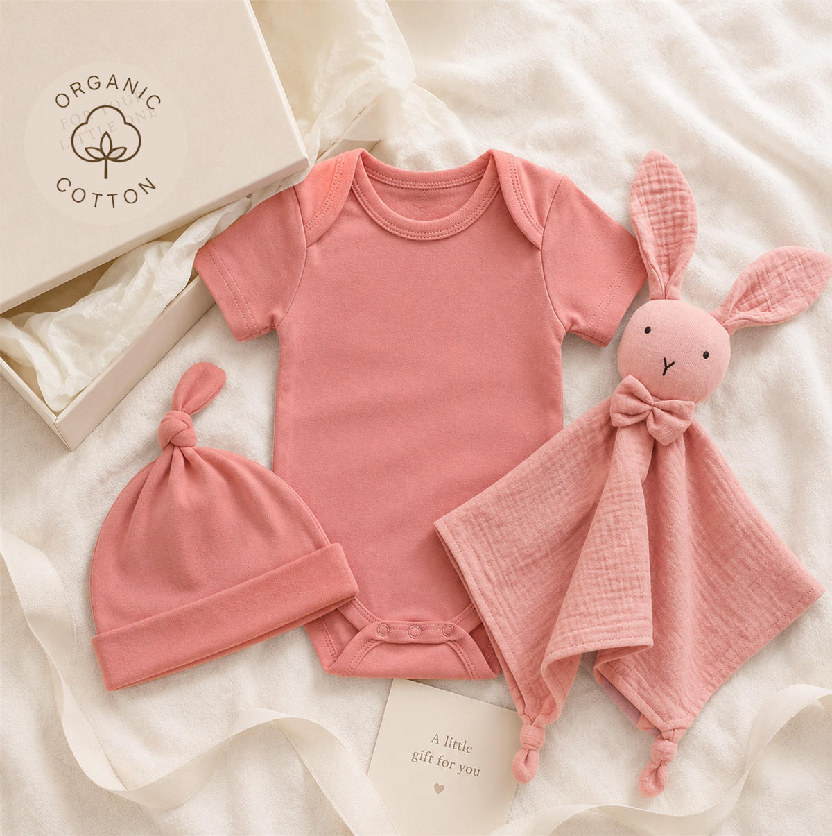 Personalized Organic Cotton Baby Gift Set, Embroidered Bodysuit, Hat, Bunny Lovey