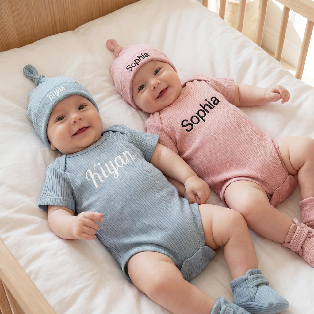 Personalized Baby Outfit Set | Ribbed Organic Cotton Bodysuit, Hat & Booties | Baby Shower Gift
