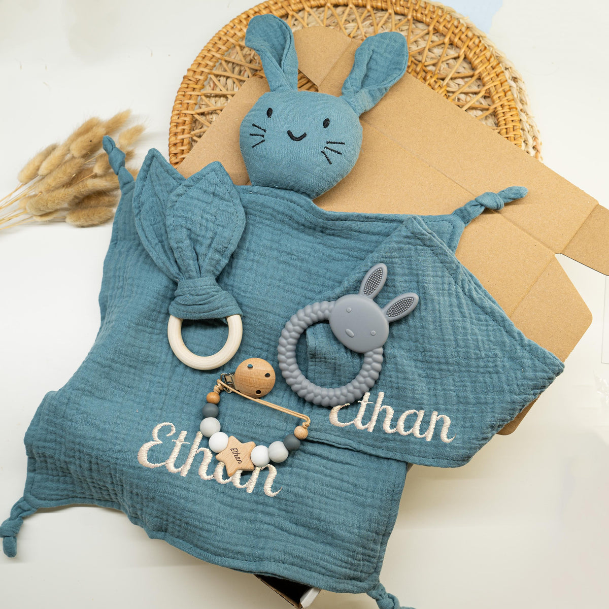 Personalized Bunny Lovey Set – Custom Baby Gift with Name Embroidery, Pacifier Clip & toy – Newborn Gift Set