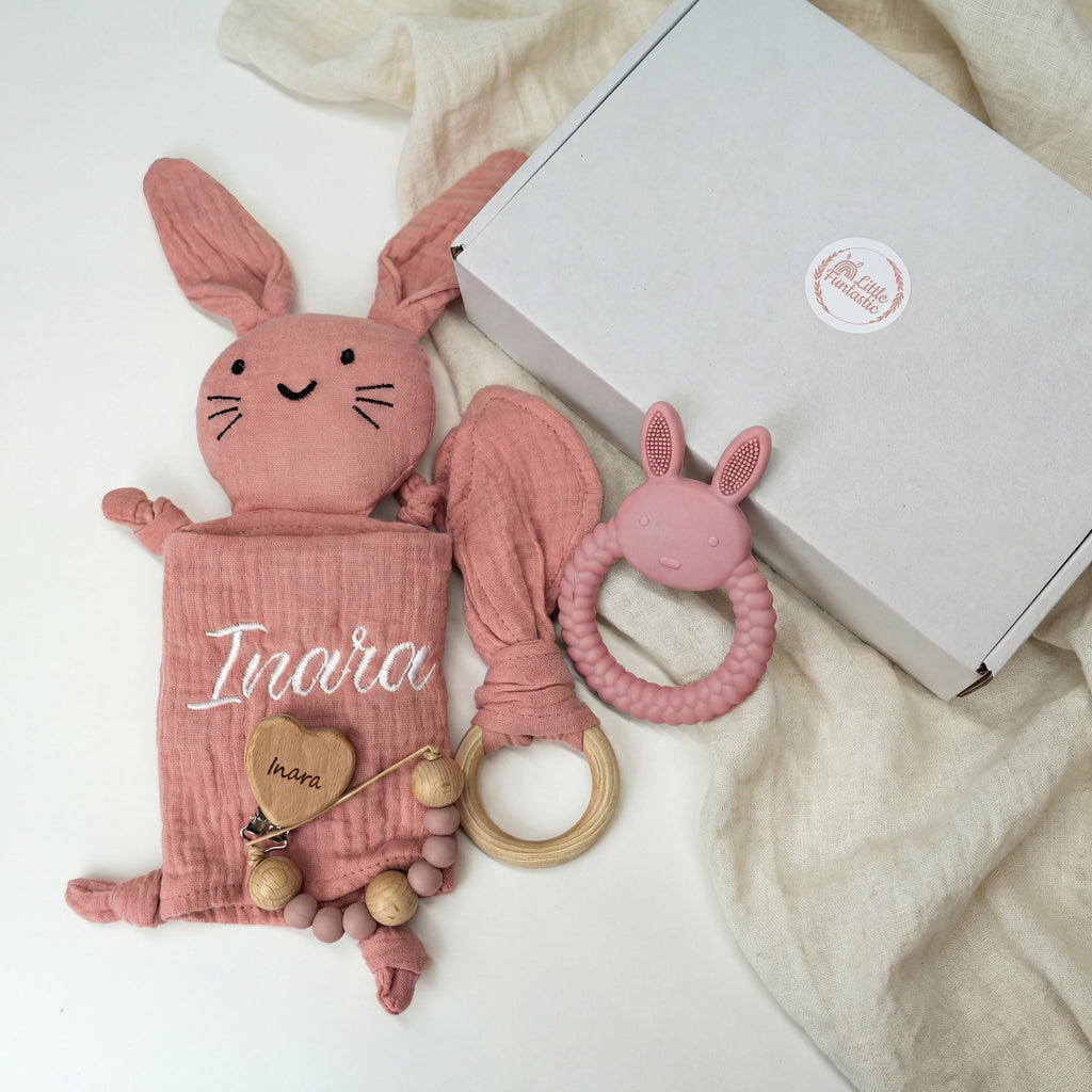 Personalized Bunny Baby Lovey Gift Set – Embroidered Muslin, Pacifier Clip, Silicone Toy