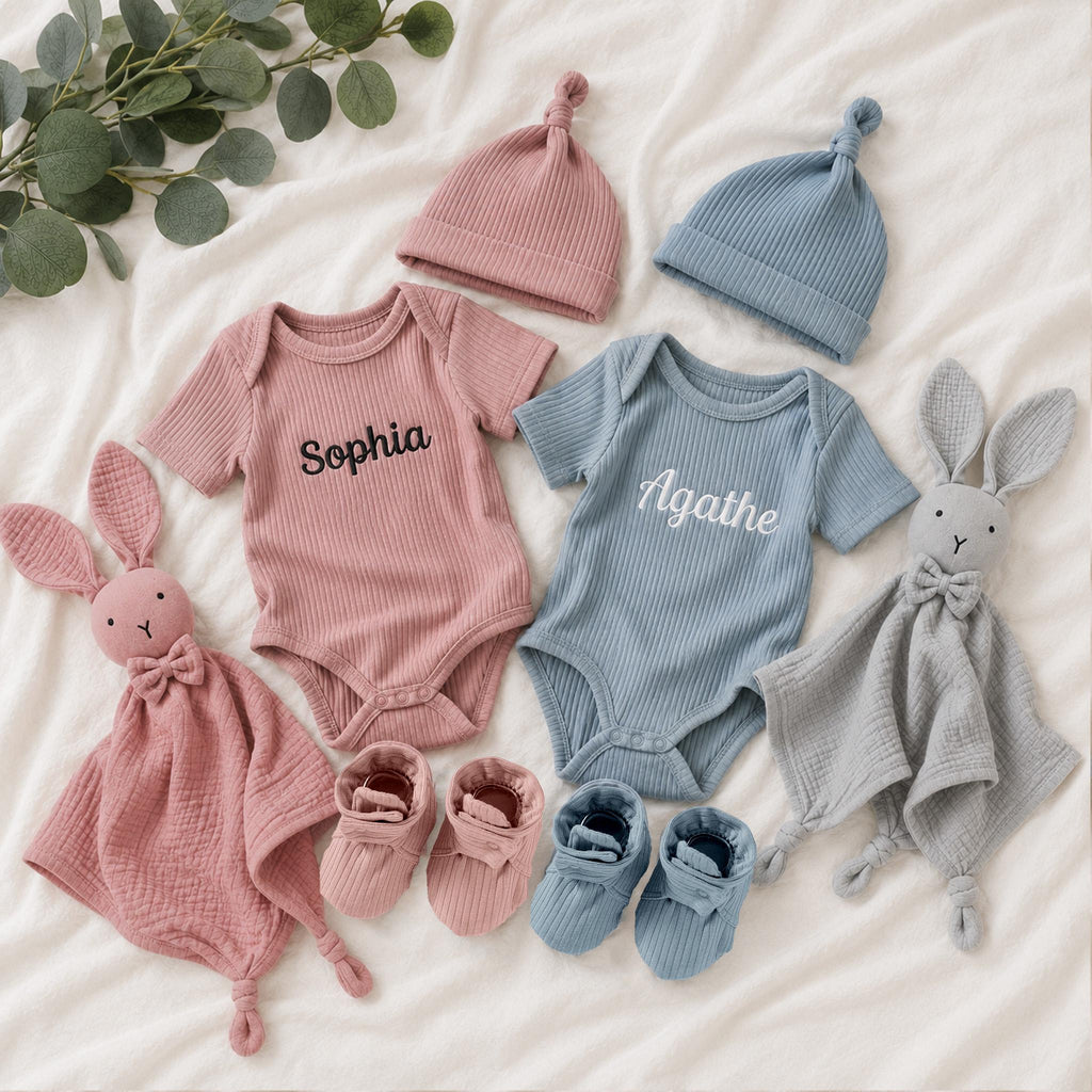 Personalized Organic Cotton Baby Gift Set, Embroidered Bodysuit, Hat, Lovey