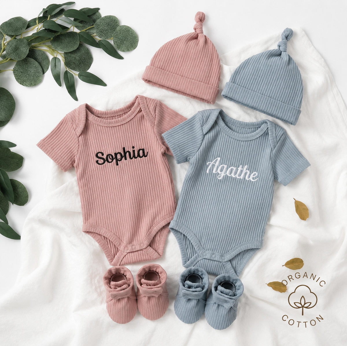 Personalized Baby Outfit Set | Ribbed Organic Cotton Bodysuit, Hat & Booties | Baby Shower Gift