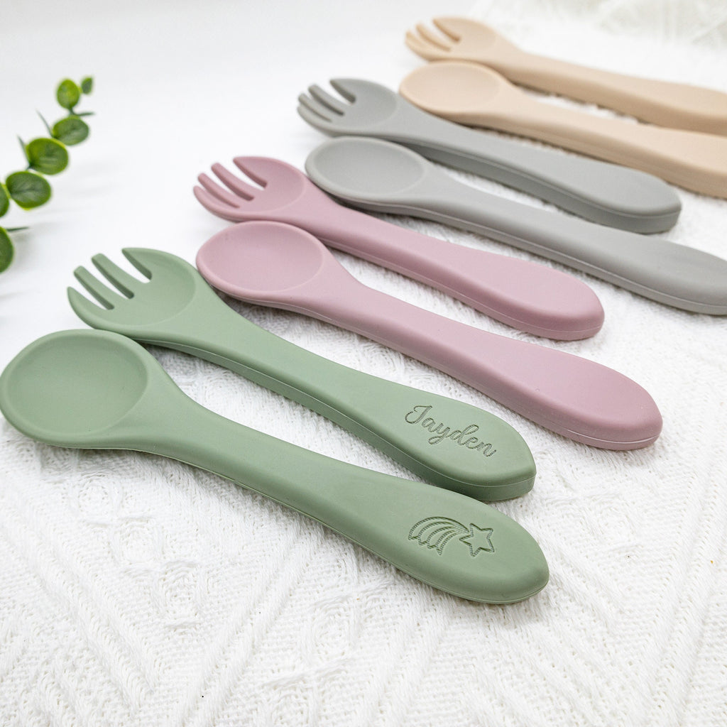 Personalized kids Spoon and Fork Set / Silicone Spoon and Fork /Silicone Tableware/Daycare Spoon and Fork/Personalized Baby Shower Gift