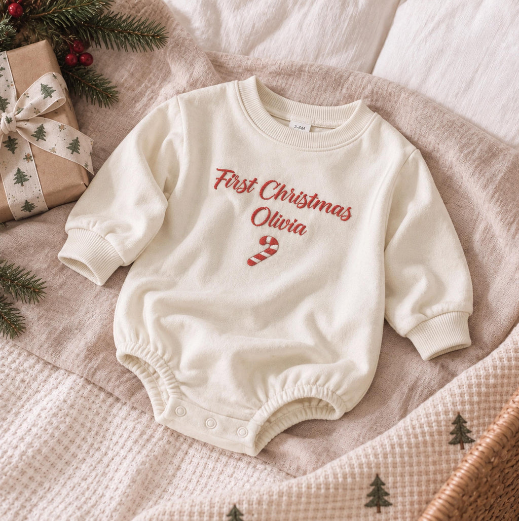 Personalized Baby Christmas Romper, 100% Organic Cotton, Custom Name Embroidery (First Christmas Outfit), Baby first Christmas Gift