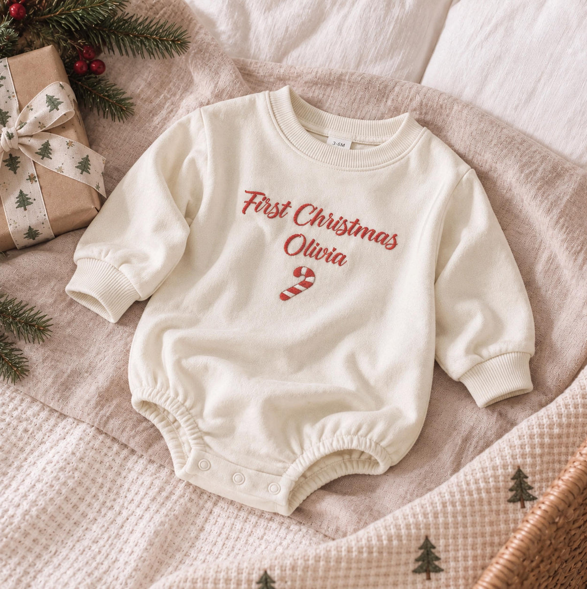 Personalized Baby Christmas Romper, 100% Organic Cotton, Custom Name Embroidery (First Christmas Outfit), Baby first Christmas Gift
