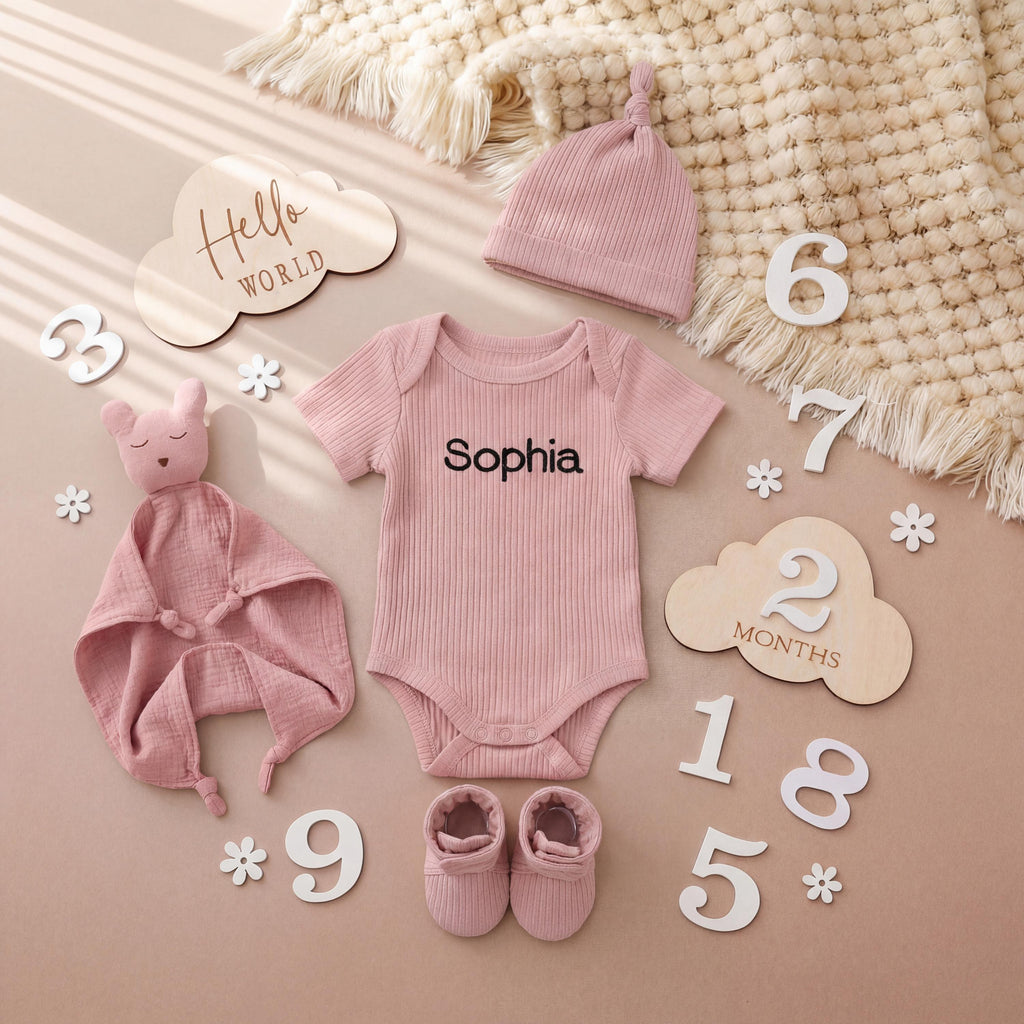 Personalized Organic Cotton Baby Gift Box, Newborn Welcome Set, Bear Lovey, Bodysuit, Beanie, Socks