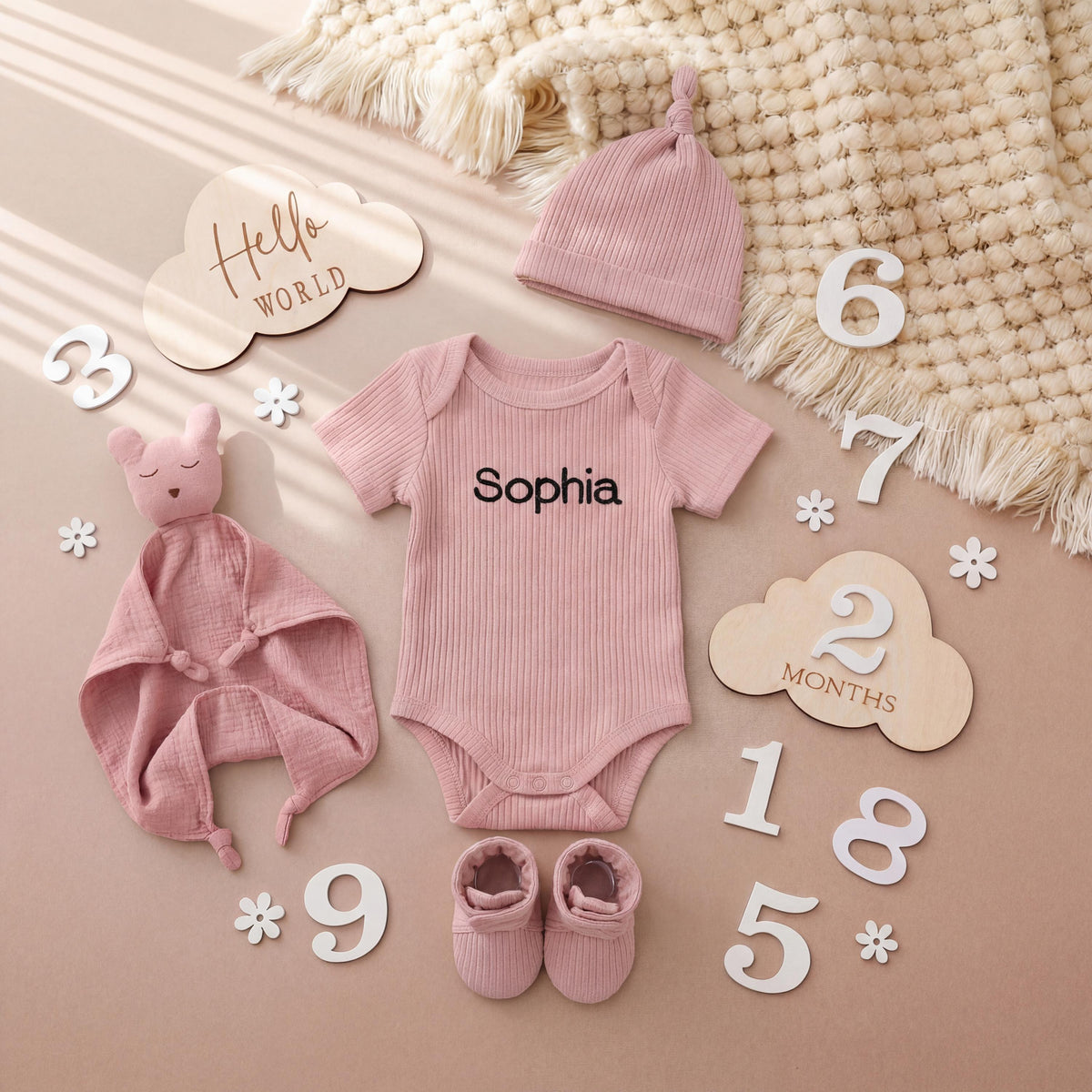 Personalized Organic Cotton Baby Gift Box, Newborn Welcome Set, Bear Lovey, Bodysuit, Beanie, Socks