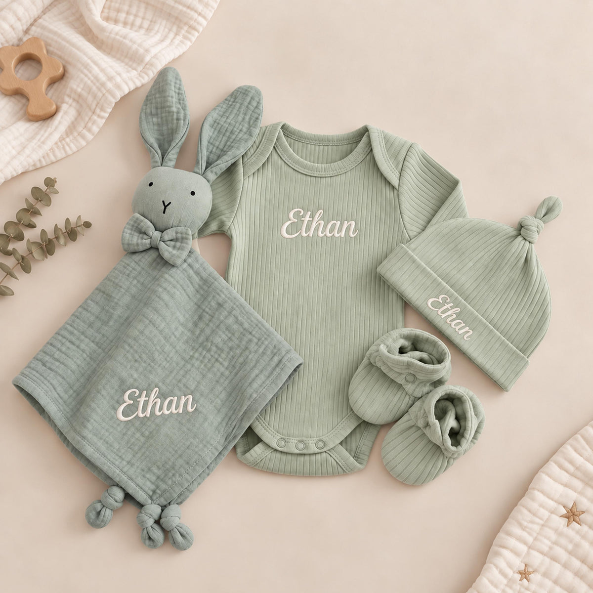 Personalized Organic Cotton Baby Gift Set, Ribbed Bodysuit, Hat, Booties, Bunny Lovey