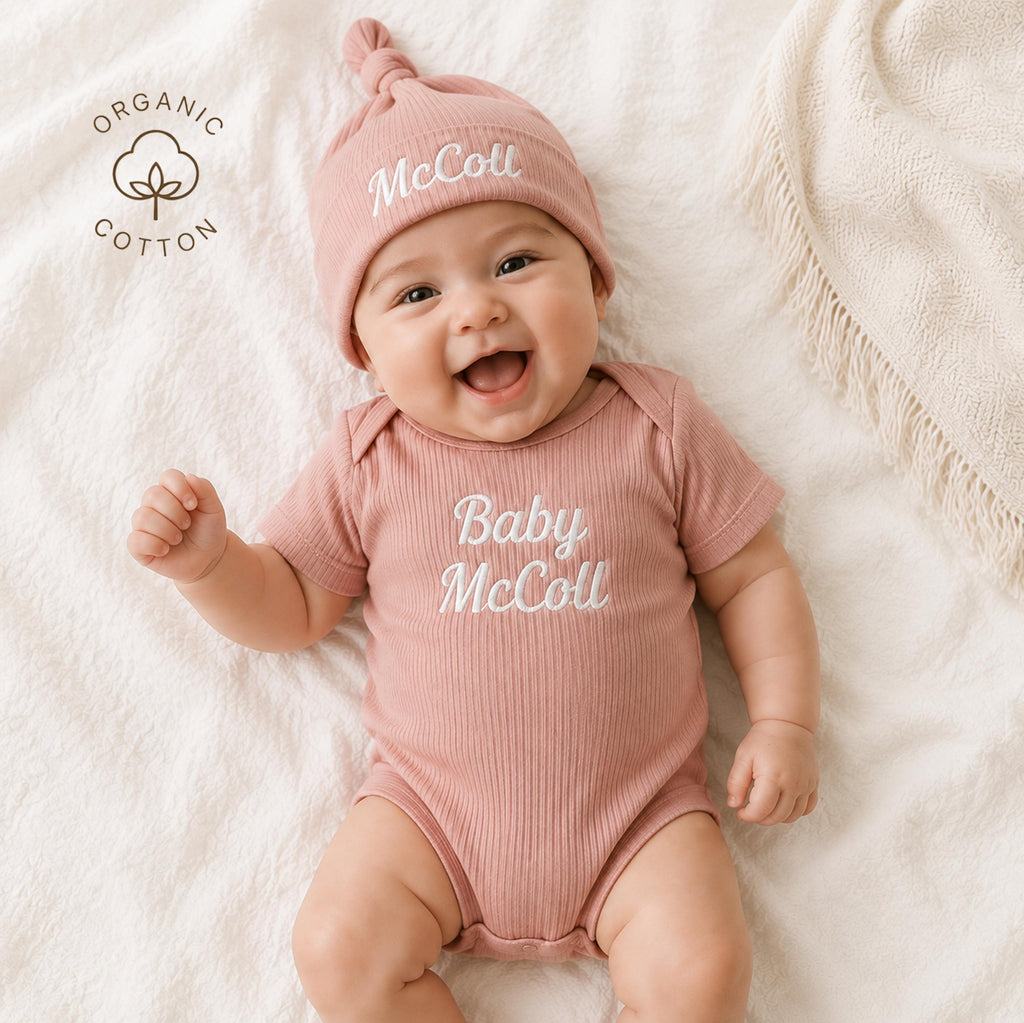 Personalized Baby Outfit Set | Ribbed Organic Cotton Bodysuit, Hat & Booties | Baby Shower Gift