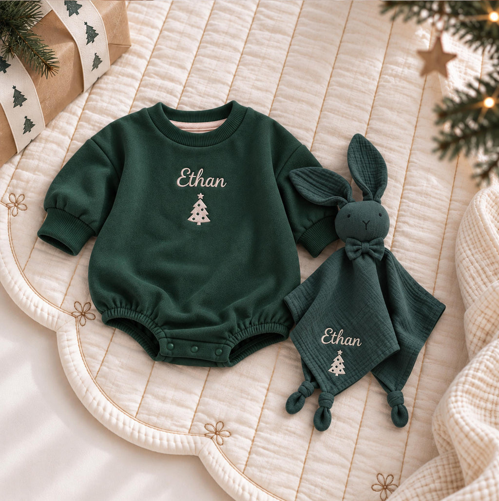 Personalized Christmas Bunny Lovey, Organic Cotton Baby Comforter, Custom Name Embroidered Baby Christmas Gift