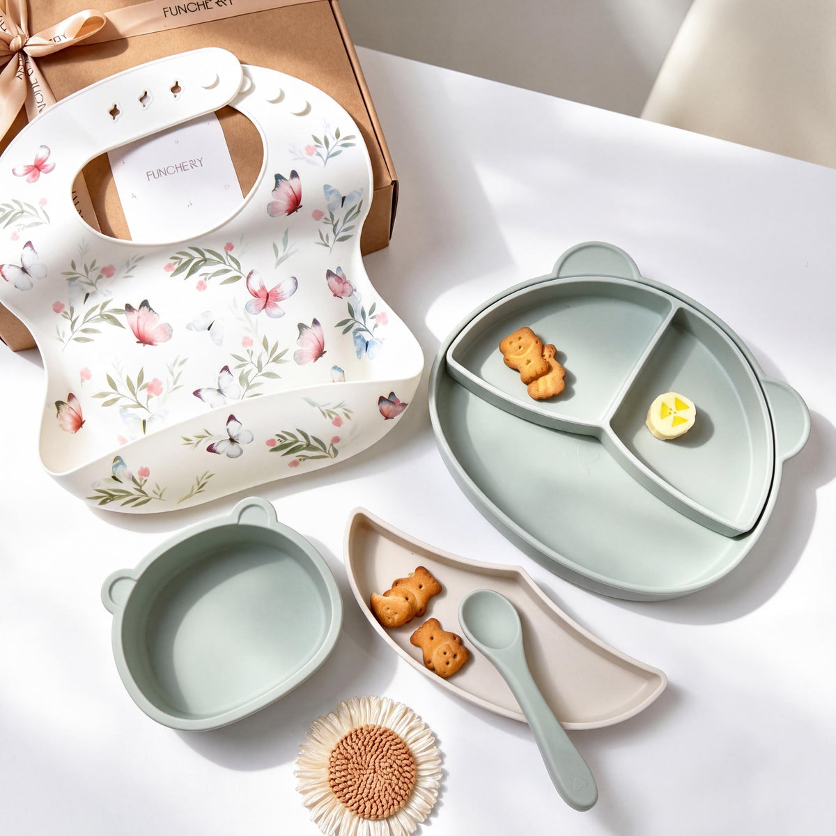 Personalized Silicone Baby Feeding Set, Bib, Plate, Bowl, Spoon, Snack Cup (Gift Box)
