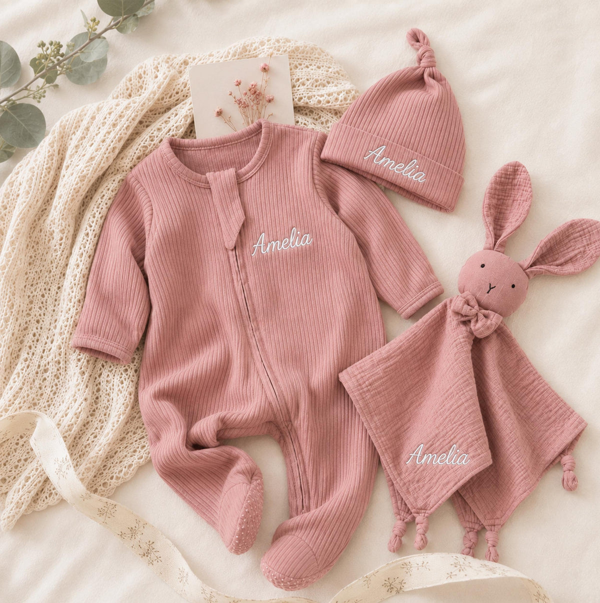Personalized Baby Romper, Hat & Bunny Lovey Set, Newborn Gift (Organic Cotton)