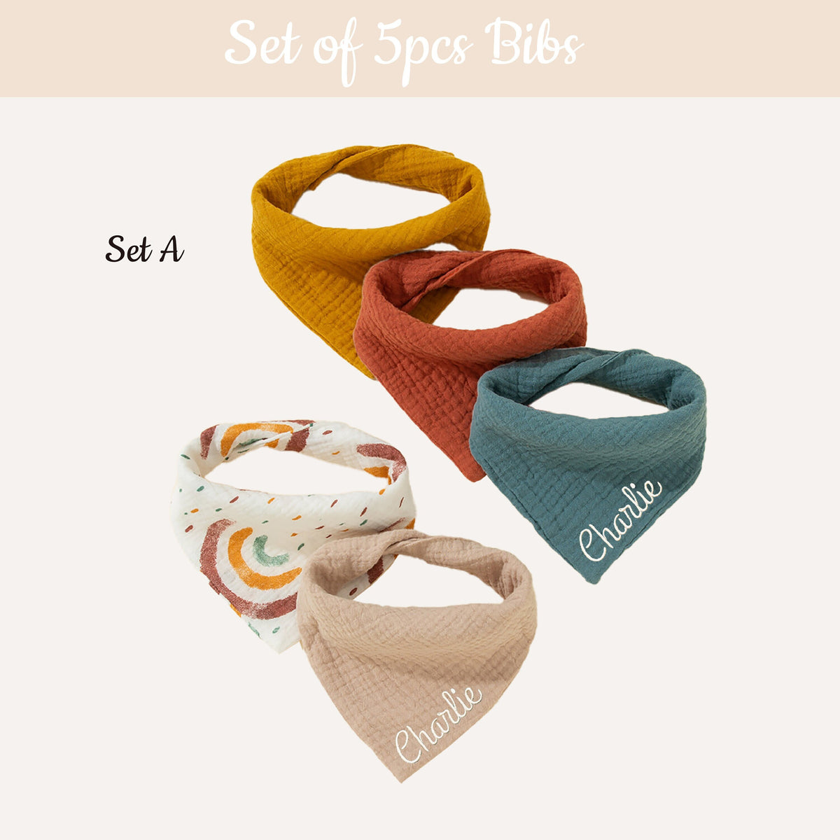 Personalized Baby Bibs Set of 5, 100% Cotton Embroidery Gift