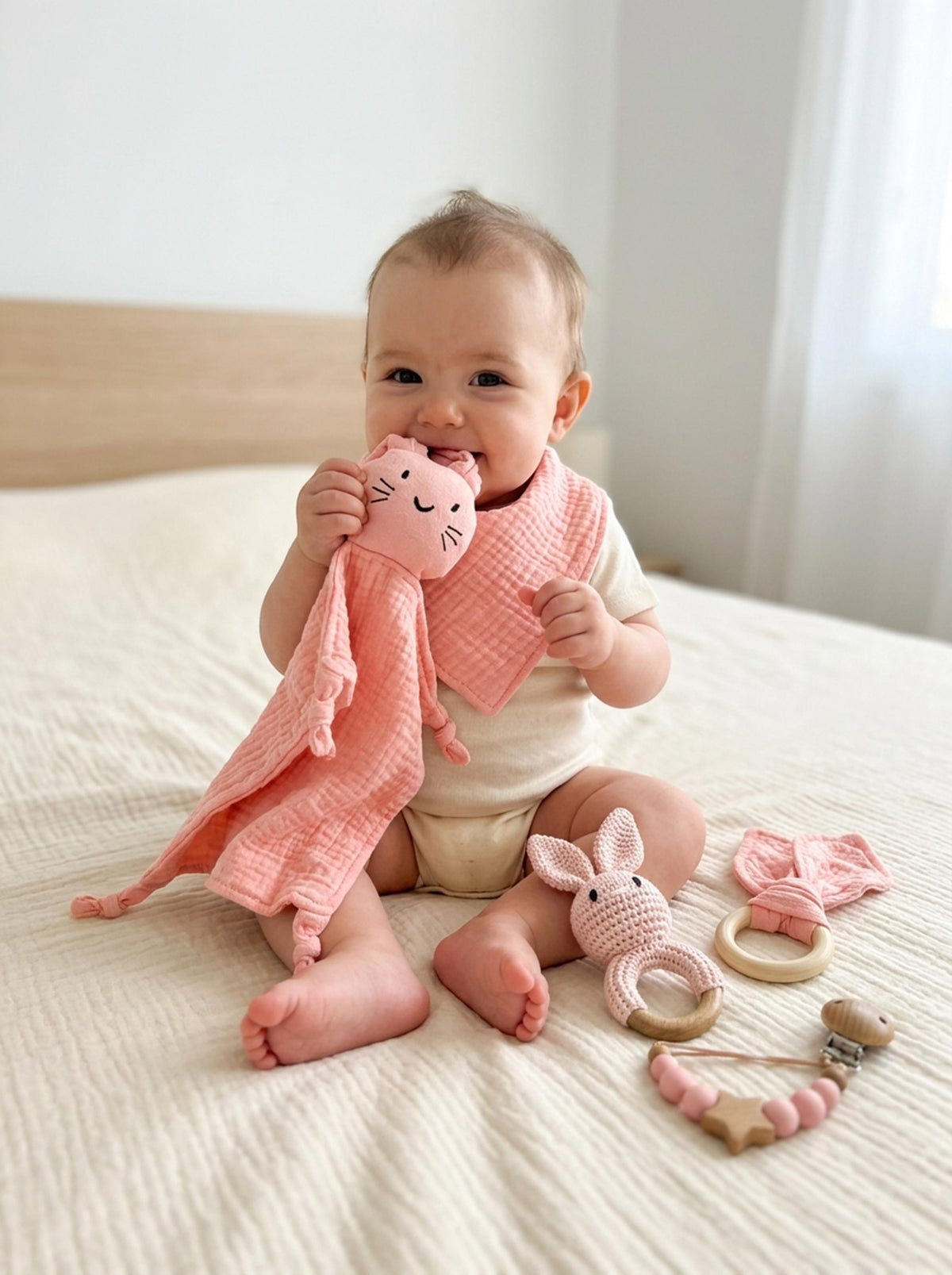Personalized Bunny Lovey Gift Set – Embroidered Muslin, Pacifier Clip & Bunny Crochet Toy