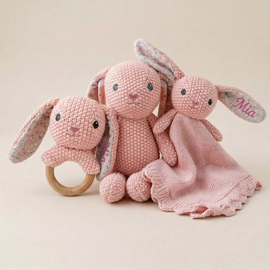 Personalized Crochet Bunny Lovey Set | Bunny Rattle Toy | Custom Name Baby Gift | Newborn Girl Gift | Baby Shower Gift