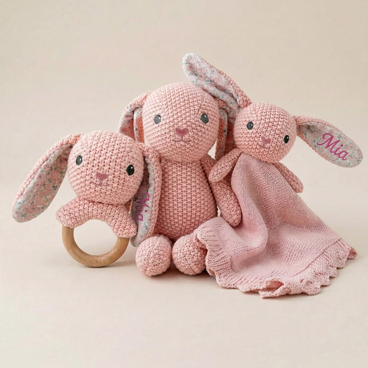 Personalized Crochet Bunny Lovey Set | Bunny Rattle Toy | Custom Name Baby Gift | Newborn Girl Gift | Baby Shower Gift