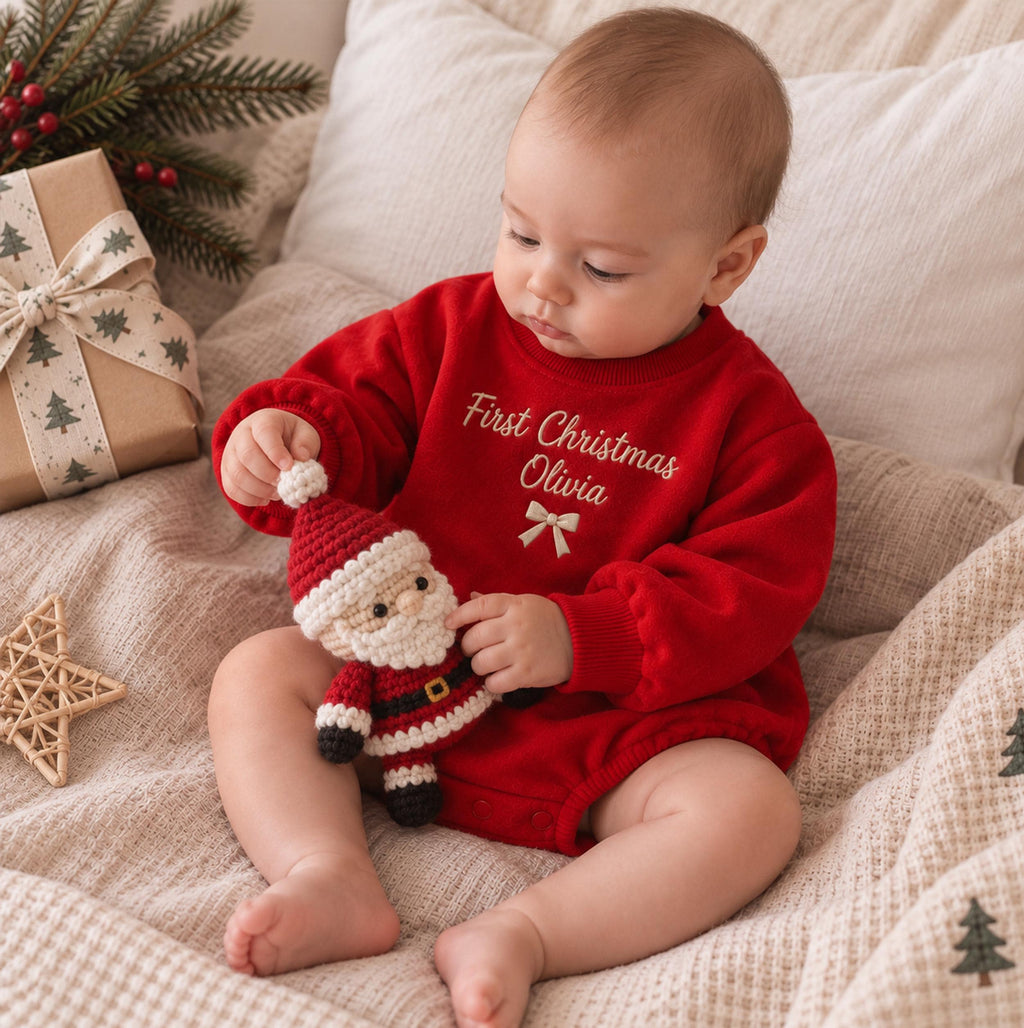 Personalized Christmas Baby Romper & Bunny Lovey Set, Organic Cotton Baby Outfit, Embroidered Name, Baby’s First Christmas Gift