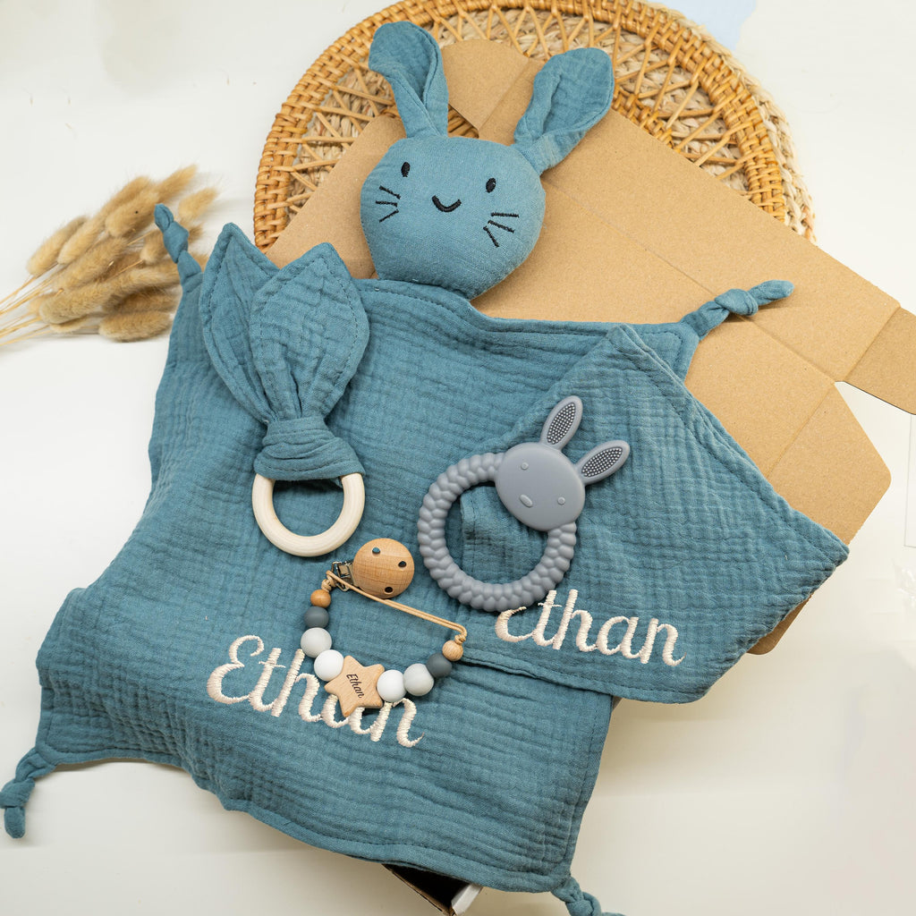 Personalized Bunny Lovey Gift Set – Embroidered Name, Pacifier Clip, Baby Bib, Toy