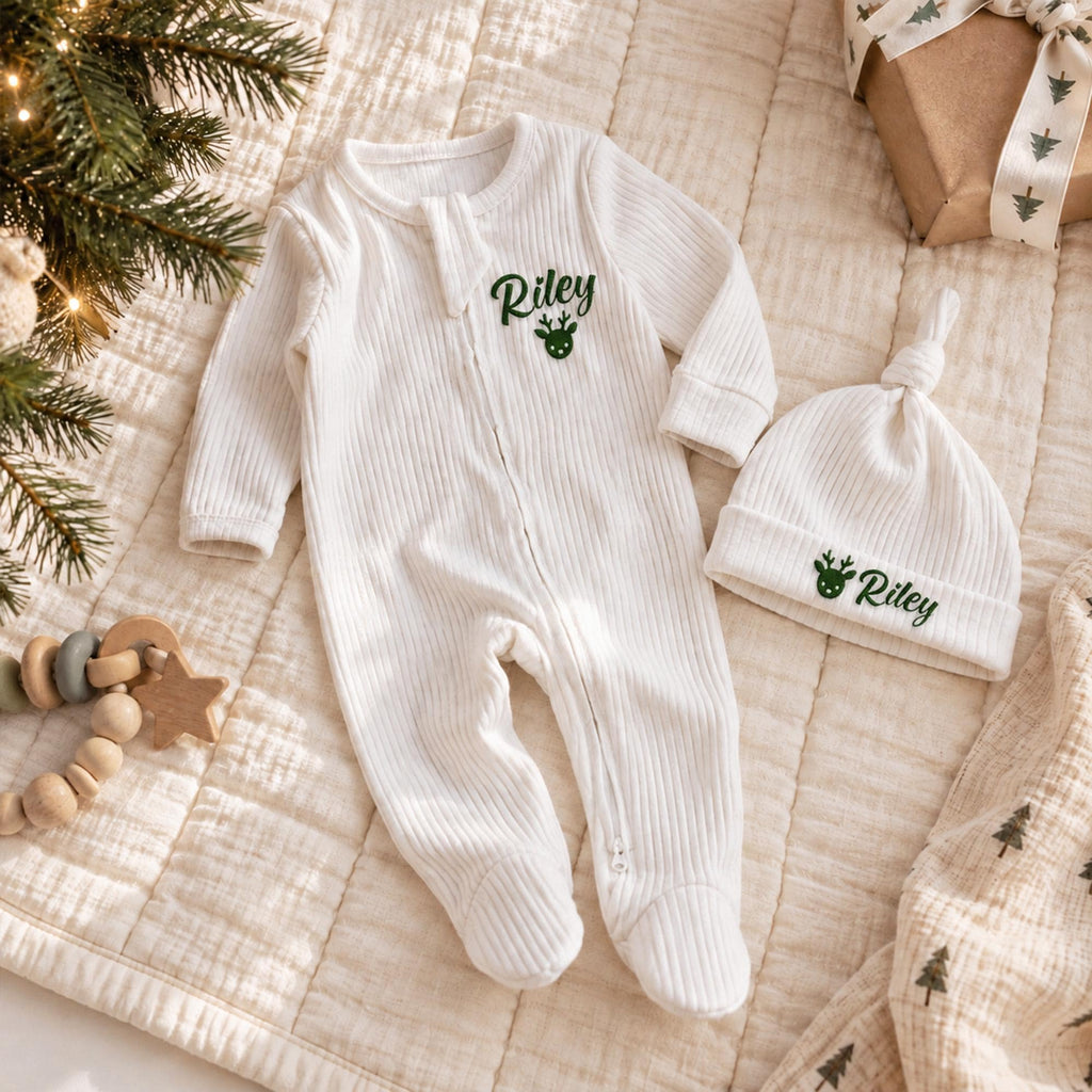 Personalized Baby Christmas Romper & Hat Set, Embroidered Name, First Holiday Outfit