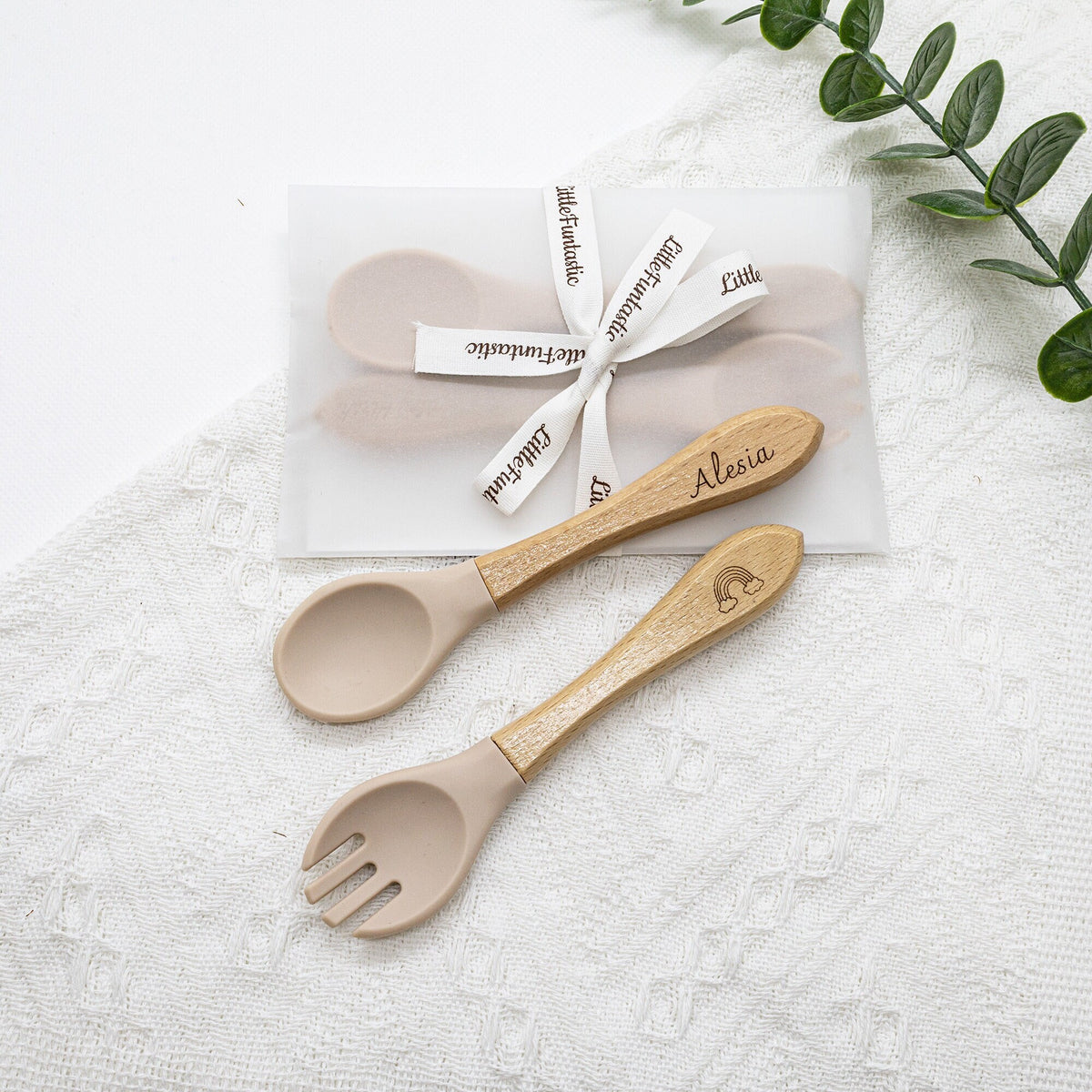 Personalized Silicone Baby Spoon and Fork Set, Wood Handle,baby shower gift
