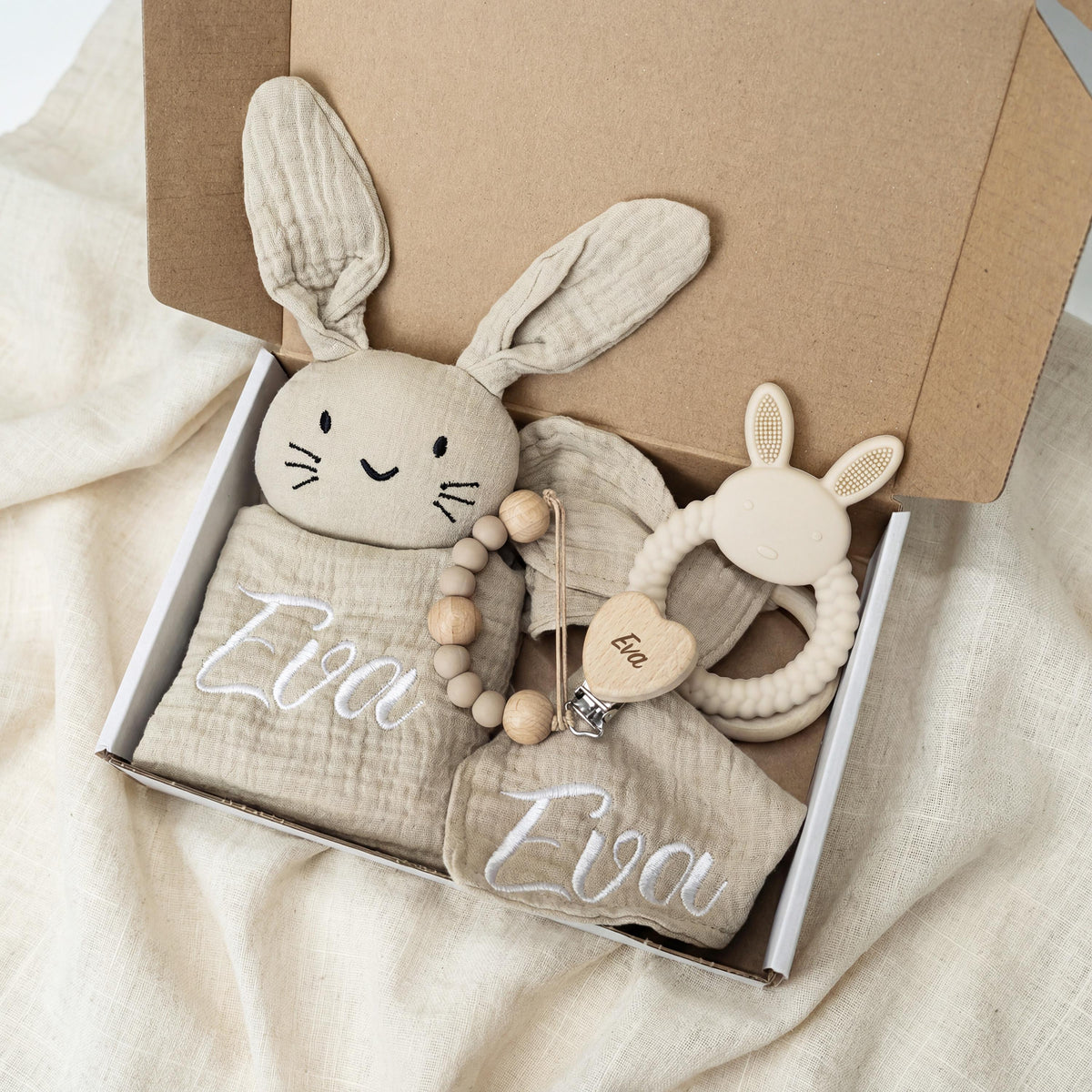 Personalized Bunny Lovey Gift Set – Embroidered Muslin Baby Toy