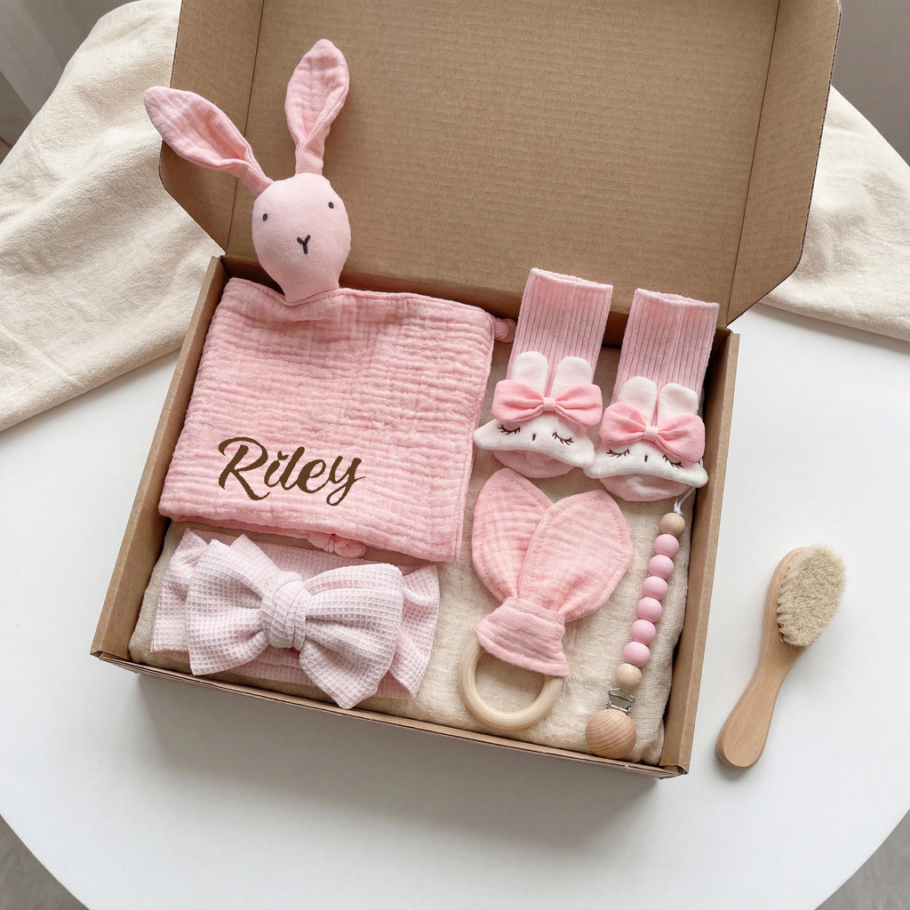 Personalized Bunny Lovey Gift Set: Embroidered Muslin, Pacifier Clip & Toy, Pink Bunny