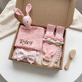 Personalized Bunny Lovey Gift Set: Embroidered Muslin, Pacifier Clip & Toy, Pink Bunny