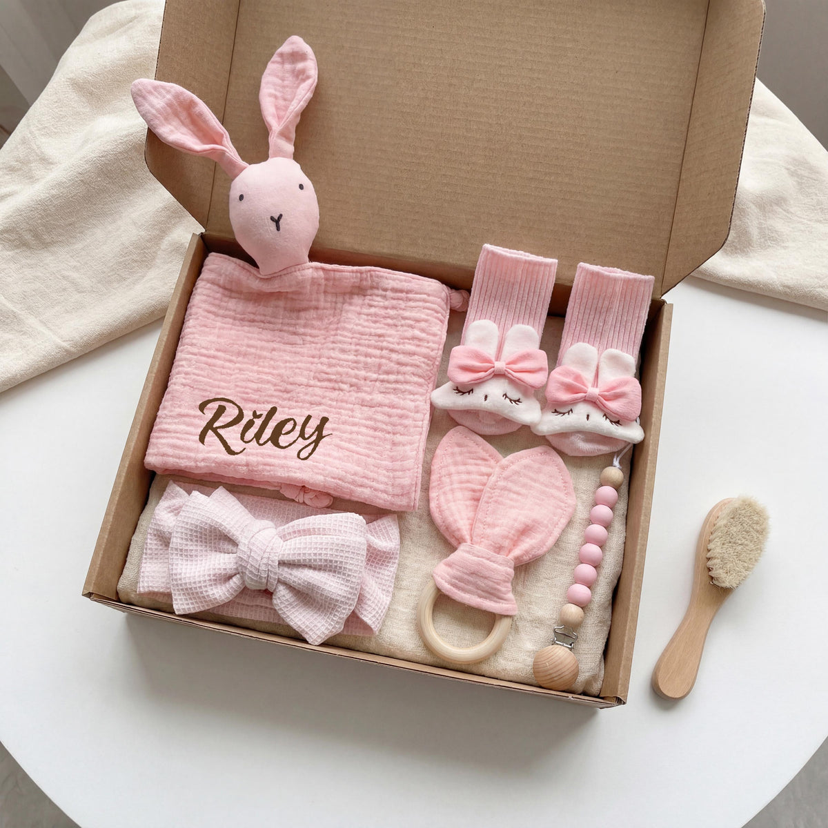 Personalized Bunny Lovey Gift Set: Embroidered Muslin, Pacifier Clip & Toy, Pink Bunny