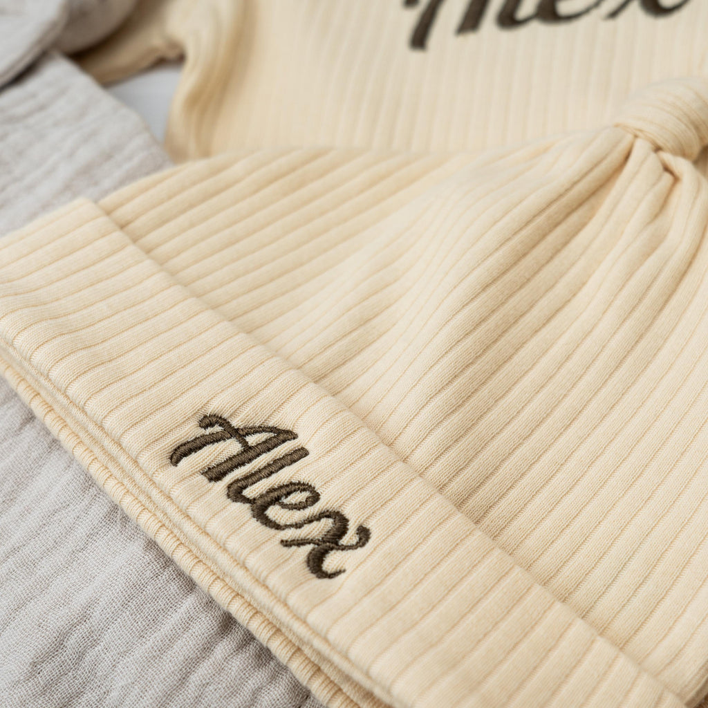Personalized Organic Cotton Baby Gift Set, Ribbed Bodysuit, Hat, Booties, Bunny Lovey