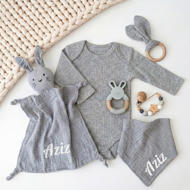 Personalized Bunny Lovey Gift Set – Embroidered Muslin, Pacifier Clip & Toy, Bodysuit