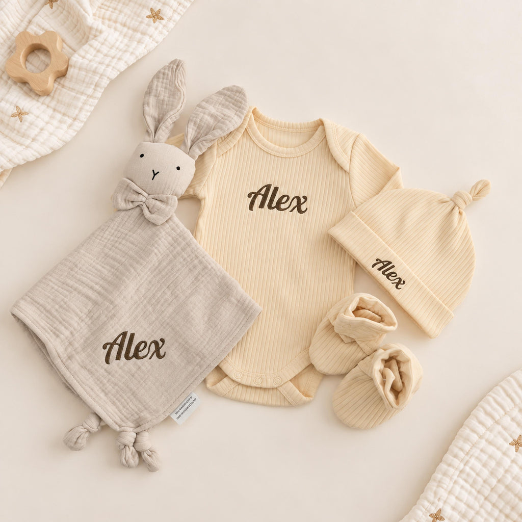 Personalized Organic Cotton Baby Gift Set, Ribbed Bodysuit, Hat, Booties, Bunny Lovey