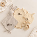 Personalized Organic Cotton Baby Gift Set, Ribbed Bodysuit, Hat, Booties, Bunny Lovey