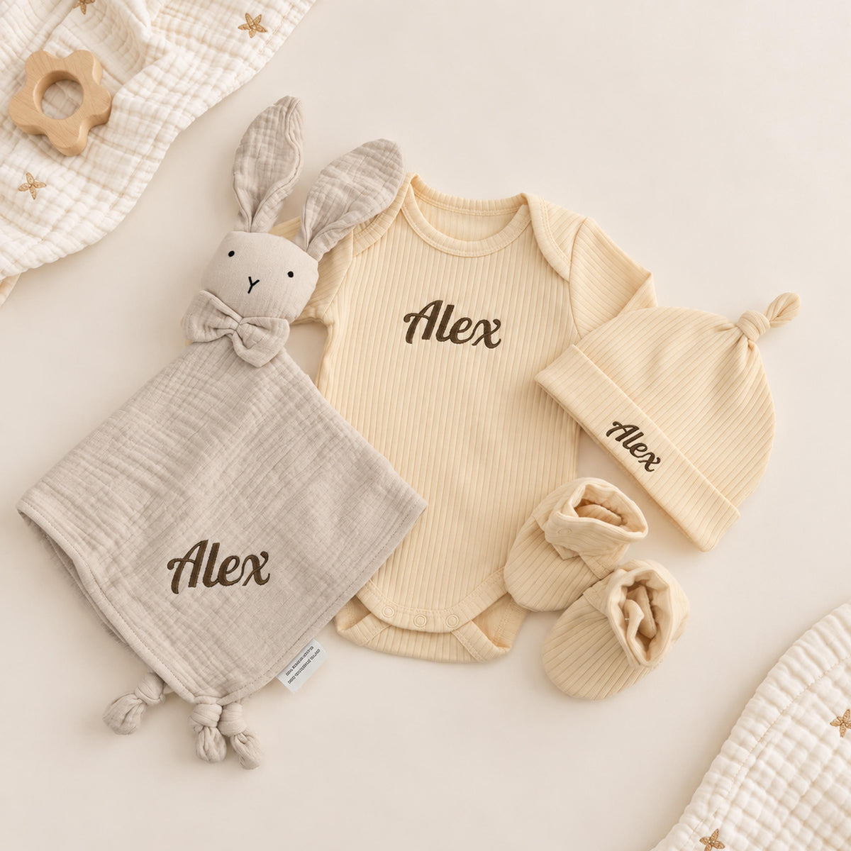 Personalized Organic Cotton Baby Gift Set, Ribbed Bodysuit, Hat, Booties, Bunny Lovey
