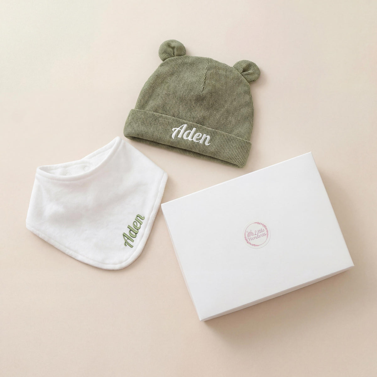 Personalized Organic Baby Gift Set, Embroidered Bib & Hat with box