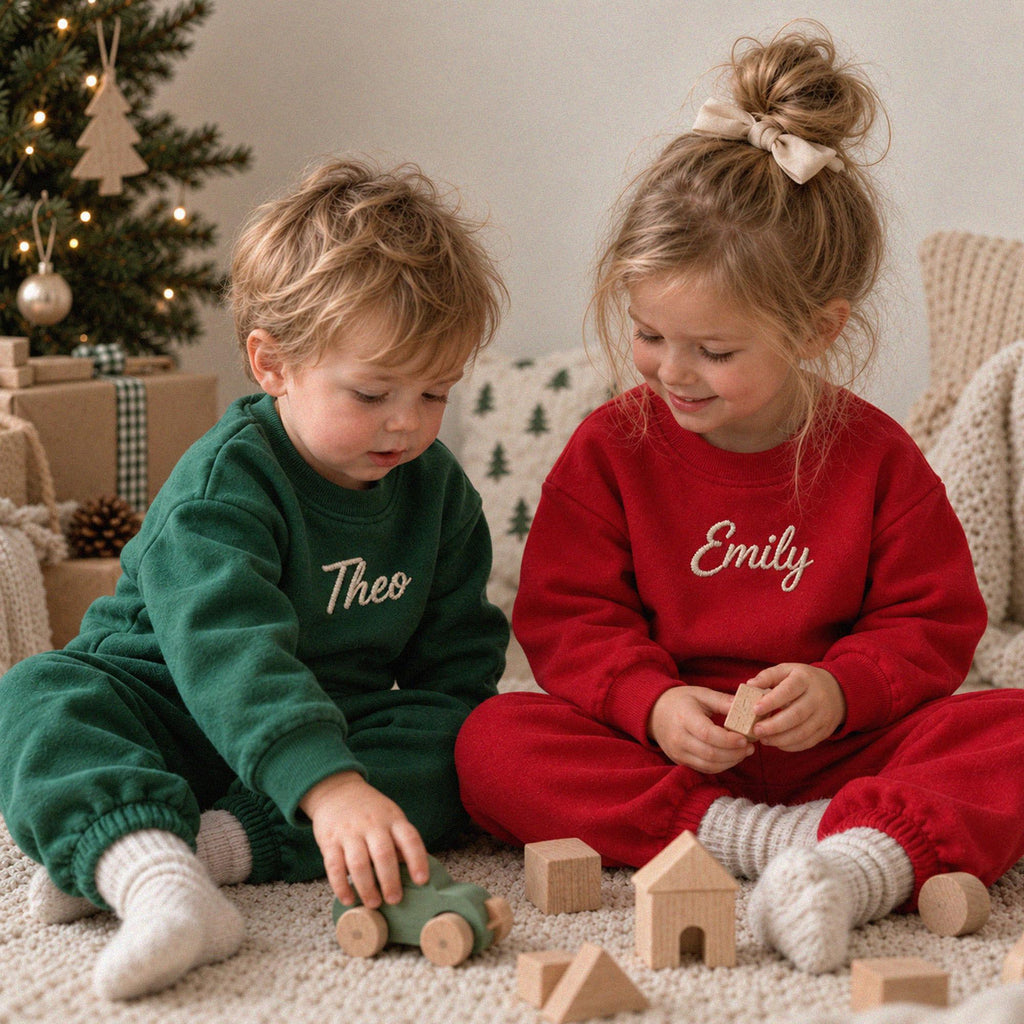 Organic Cotton Christmas Outfit for Kids, Personalized Matching Sibling Set, Brother Sister Christmas Outfit, Embroidered Sweatshirt Pants