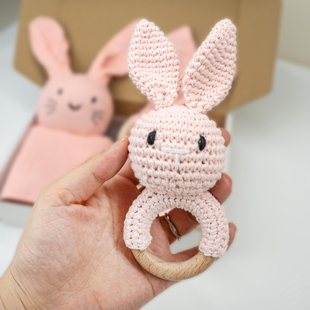 Personalized Bunny Lovey Gift Set – Embroidered Muslin, Pacifier Clip & Bunny Crochet Toy