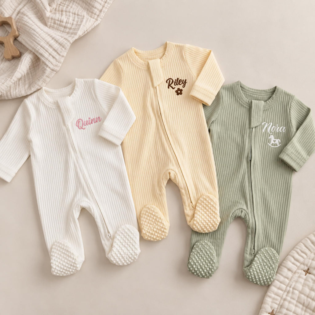 Personalized Baby Name Embroidered Romper: Organic Cotton Ribbed Footie Jumpsuit,Newborn Coming Home Outfit