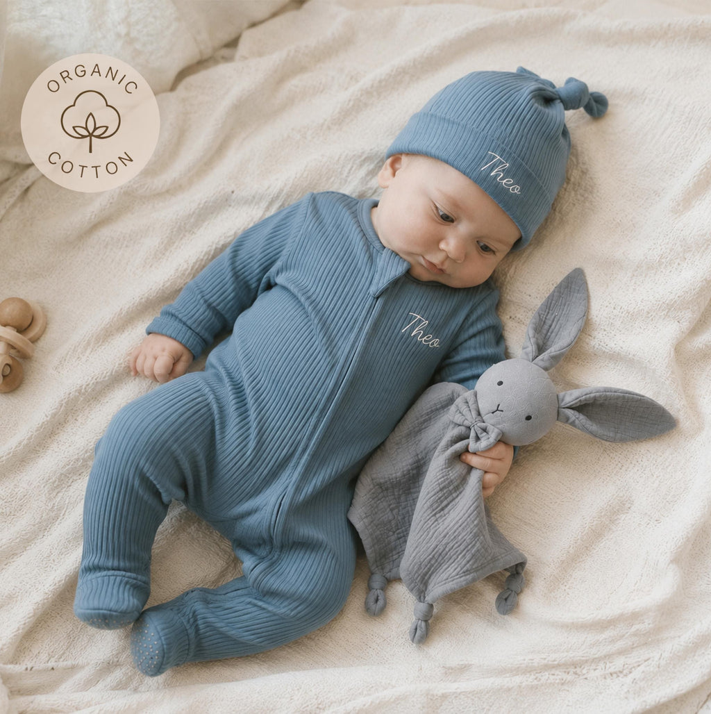 Personalized Baby Romper, Hat & Bunny Lovey Set, Newborn Gift (Organic Cotton)