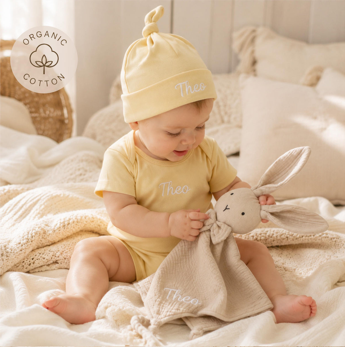 Personalized Organic Cotton Baby Gift Set, Embroidered Bodysuit, Hat, Bunny Lovey