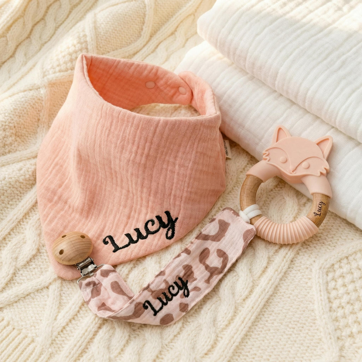 Personalized Baby Girl Gift Set, Embroidered Bib, Pacifier Clip & Engraved Wood Toy